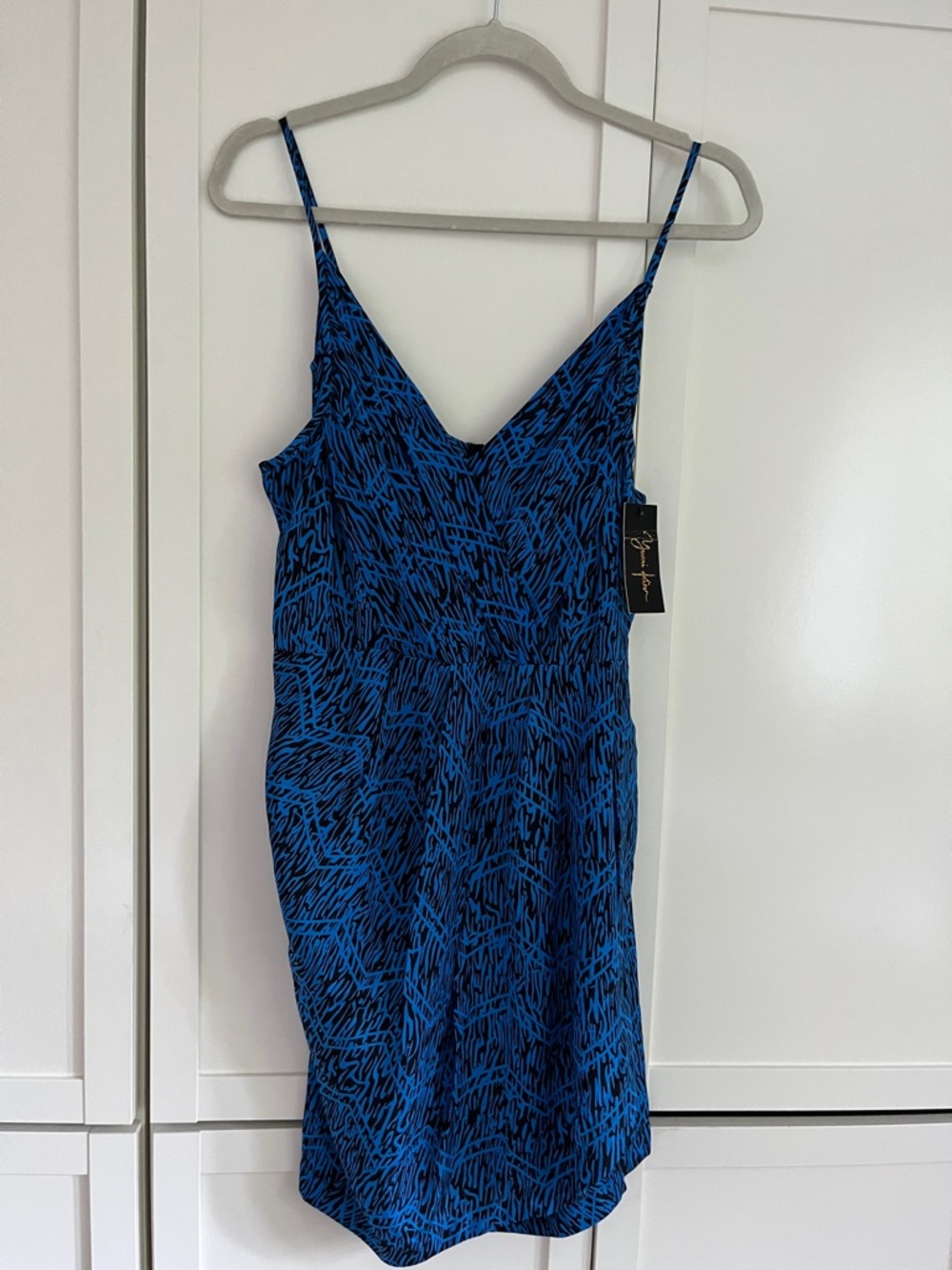 Yumi Kim Blue and Black Printed Spaghetti-Strap Mini Dress